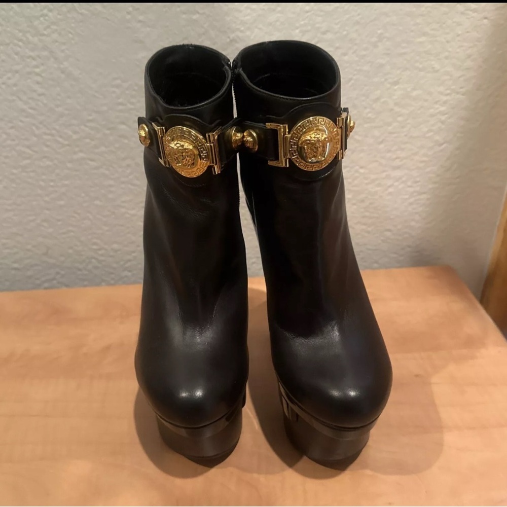 Versace Triple Platform Black Leather Ankle Boots Size 37